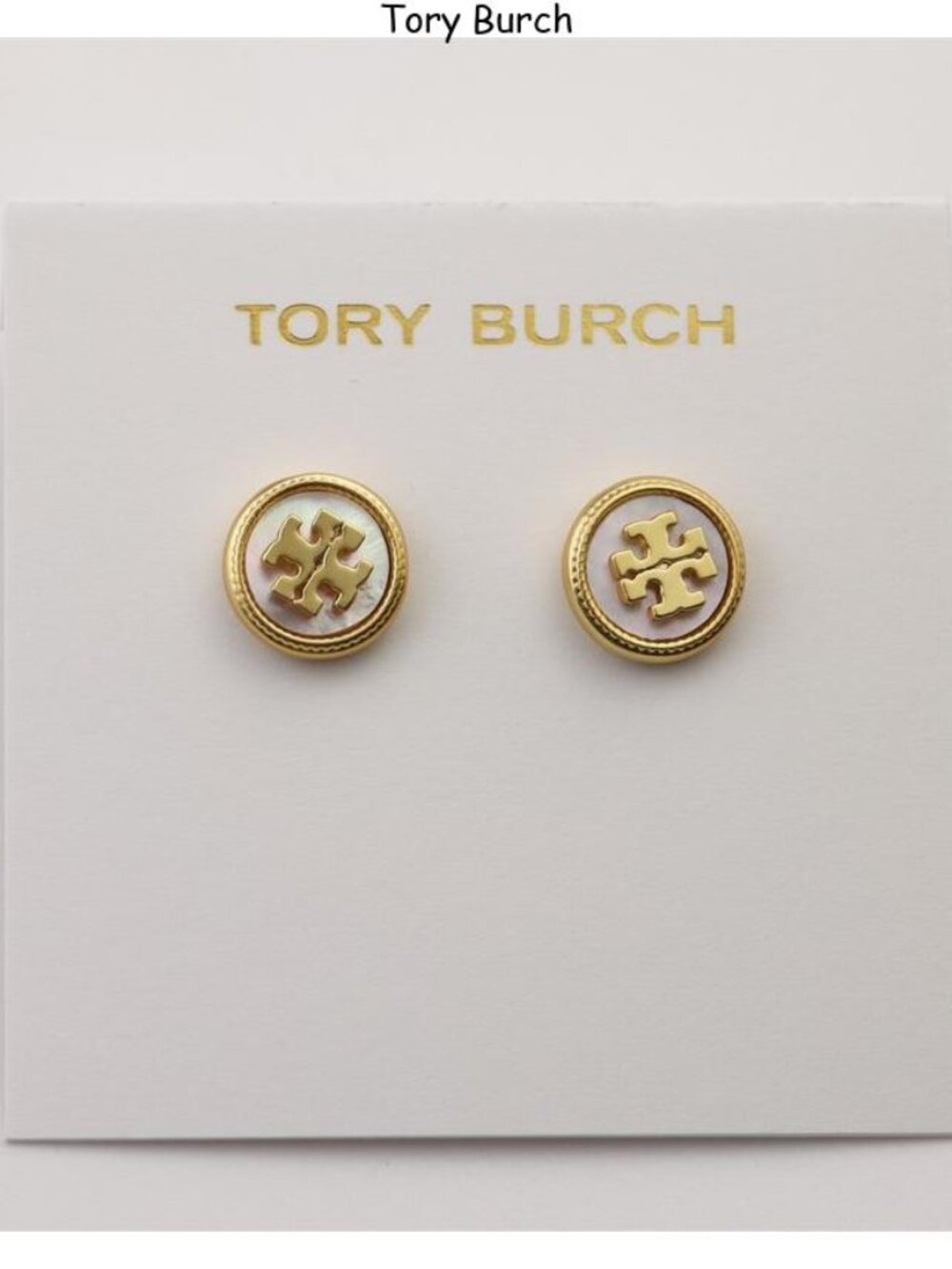 Tory Burch Gold and Mother-of-Pearl Logo Stud Earrings